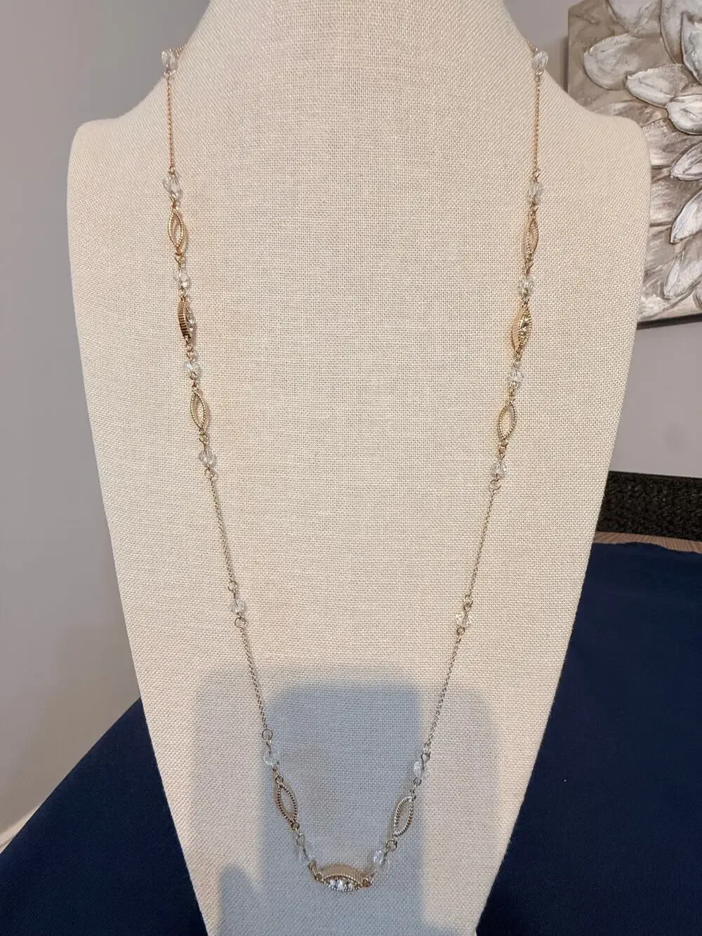 Vintage Crystal Station Necklace Gold Tone 34” Long